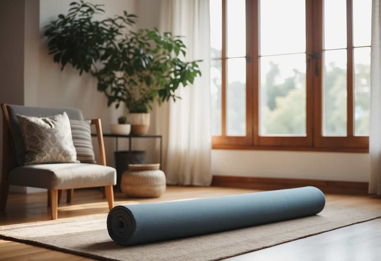 A serene living room with a yoga mat, blocks, and a bolster. Soft natural light filters through the windows, creating a peaceful atmosphere for practicing yoga