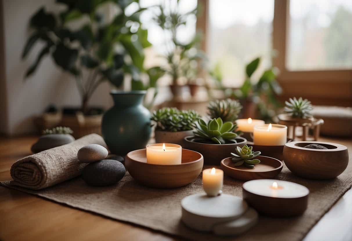 A serene yoga studio with accessible props and equipment for older practitioners. Gentle lighting and calming decor create a welcoming environment