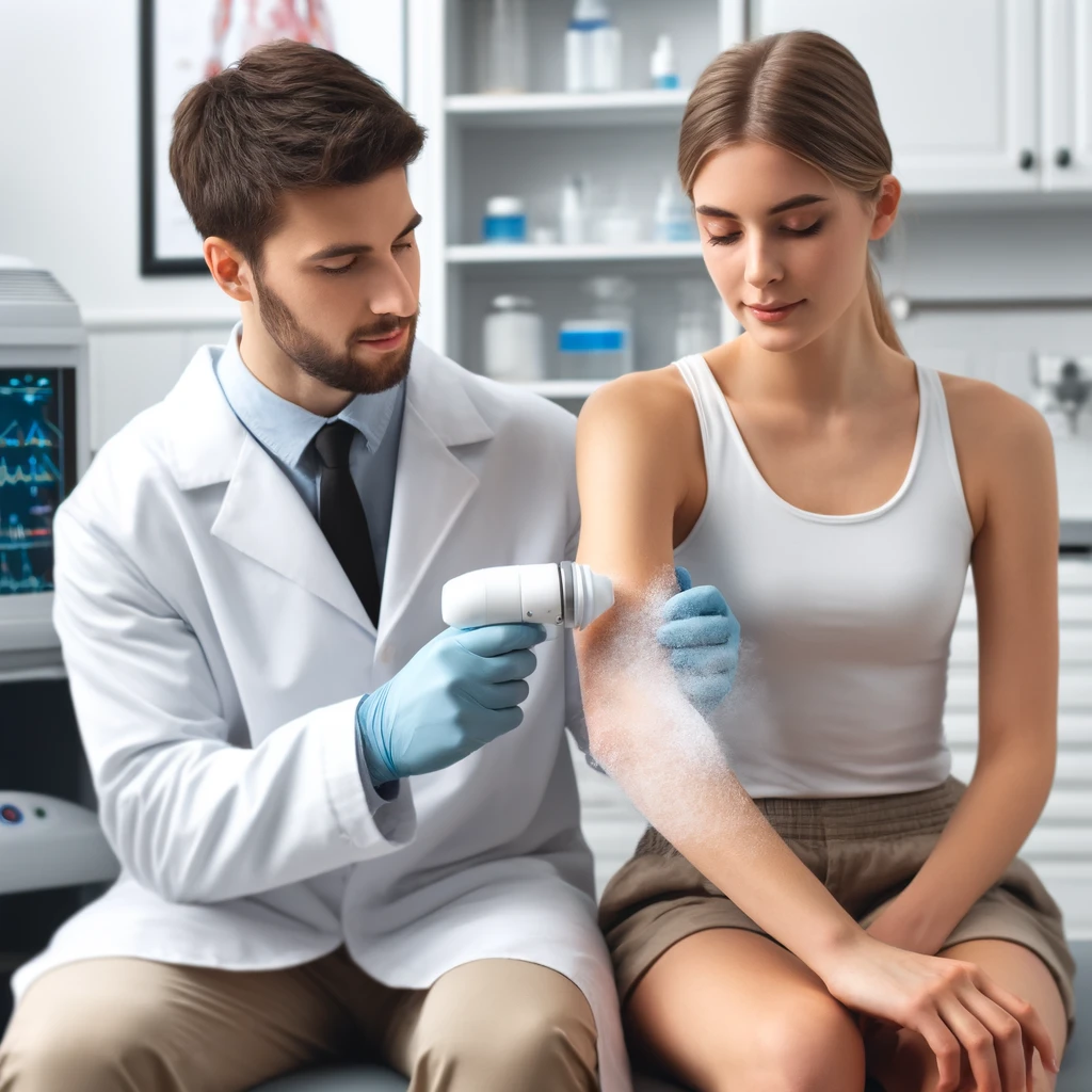 Doctor doing Cryo Therapy on a Bad Elbow