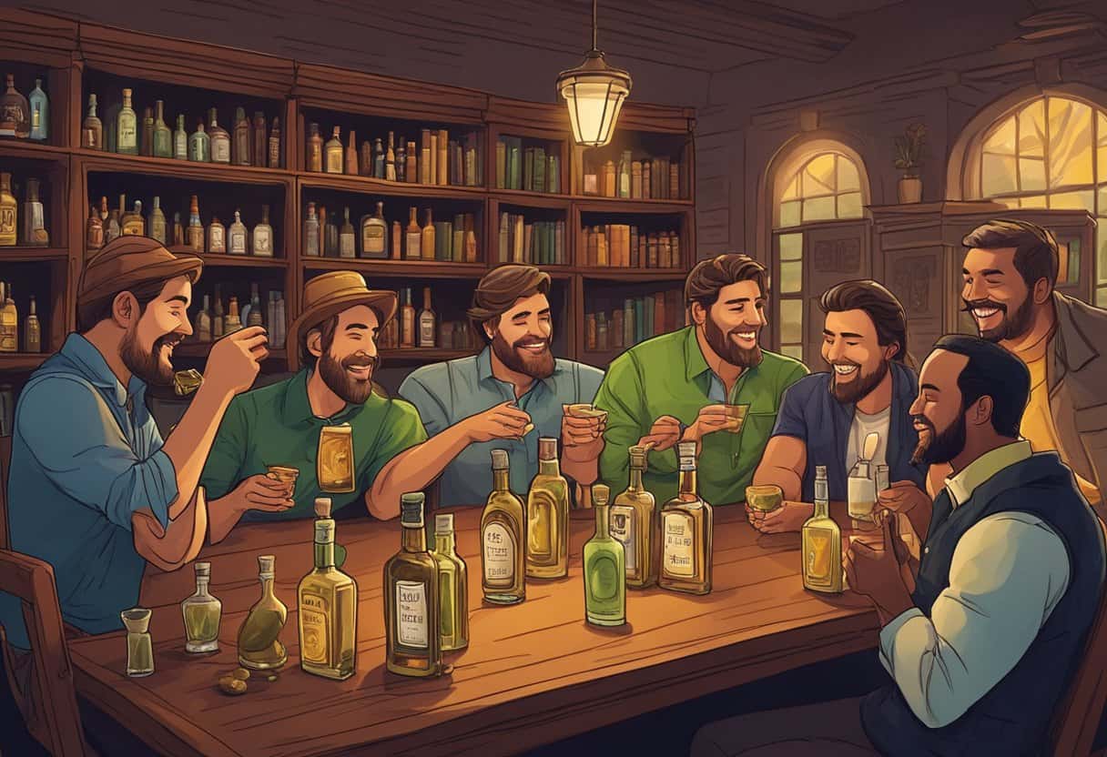 A group of Scotch drinkers sit in a cozy library, sipping their drinks and discussing flavor profiles. Meanwhile, a rowdy group of tequila drinkers are gathered around a bar, laughing and taking shots with lime and salt