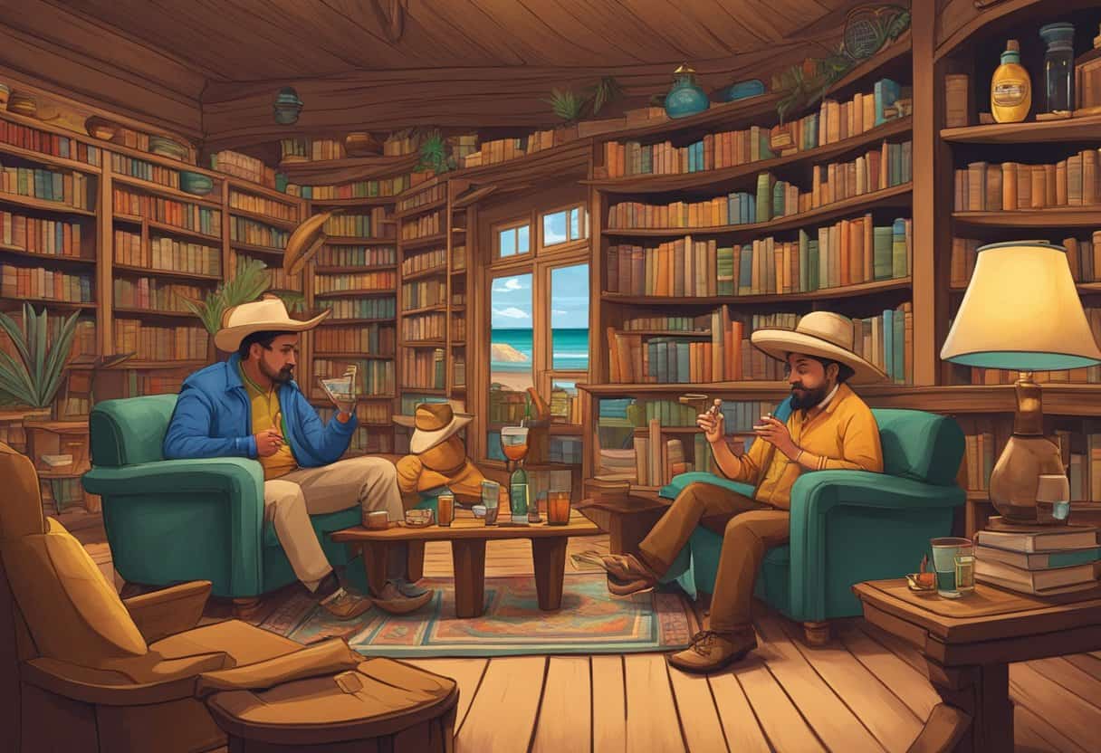 Scotch drinkers sit in a cozy library with a pipe, while tequila drinkers dance on a beach with sombreros