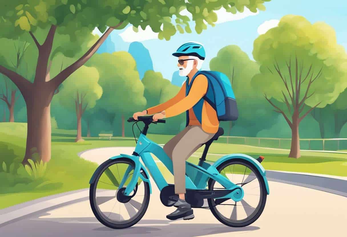 A senior riding an e-bike with safety features and enhanced control through a scenic park trail