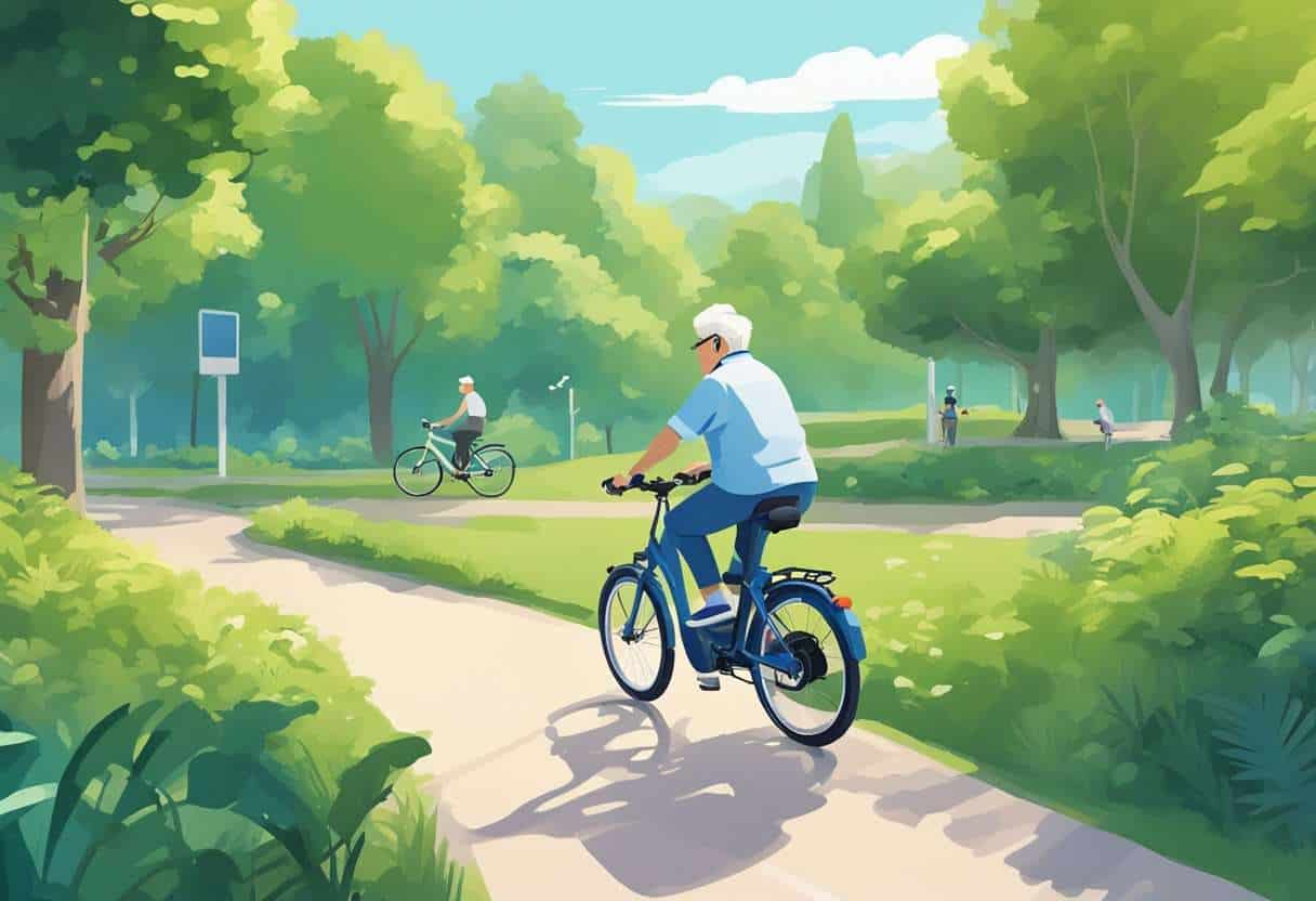 An elderly person test-riding an e-bike in a park, surrounded by lush greenery and a clear blue sky, with a variety of e-bike models on display nearby