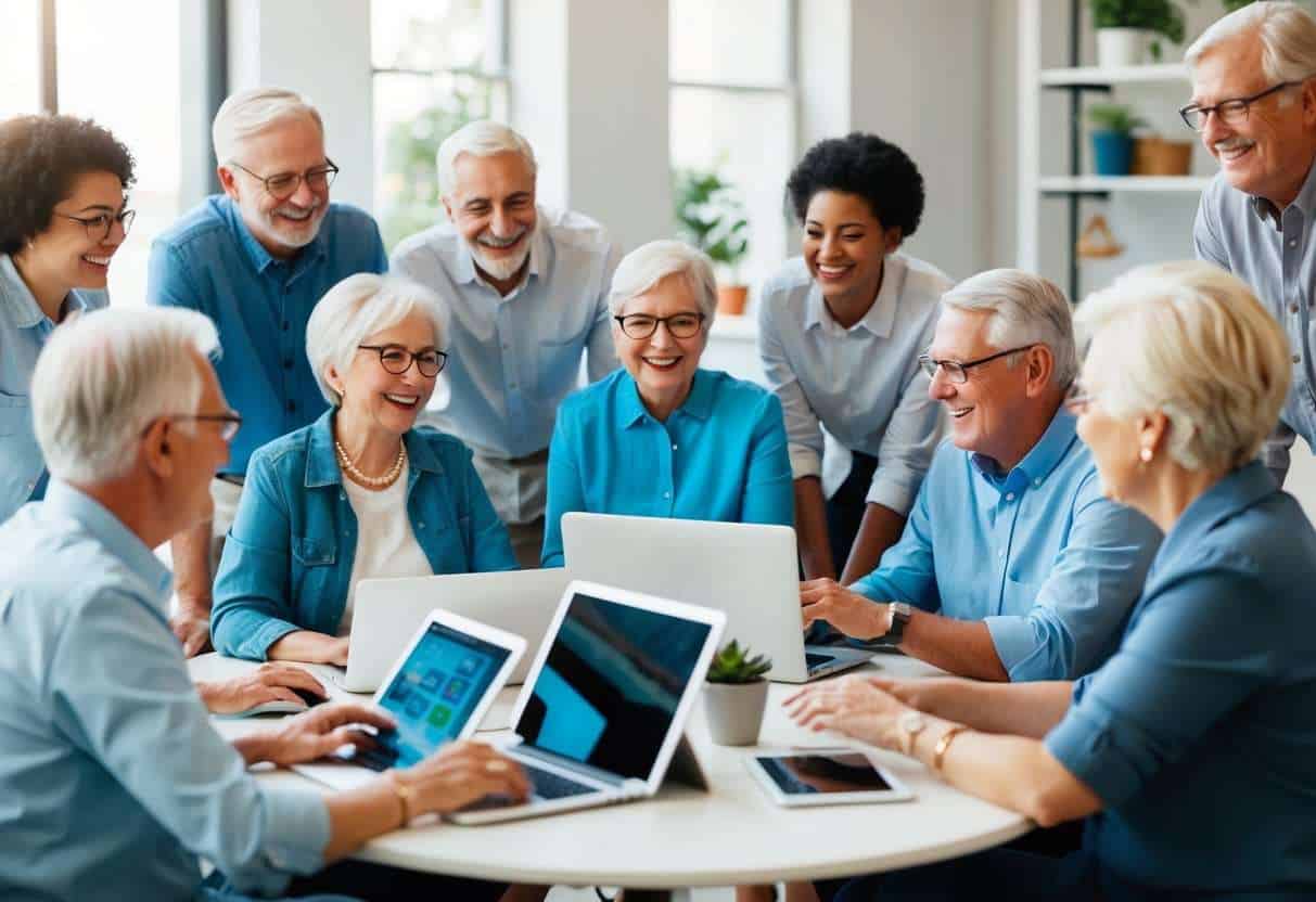 A group of seniors gather around a table with laptops and tablets, engaging in lively conversation and laughter while exploring different meetup options online