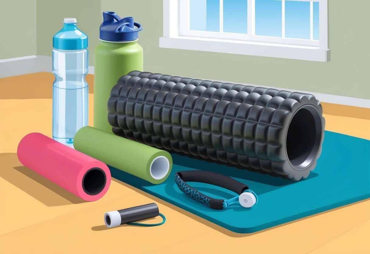 A foam roller surrounded by various objects, positioned on a yoga mat with soft lighting