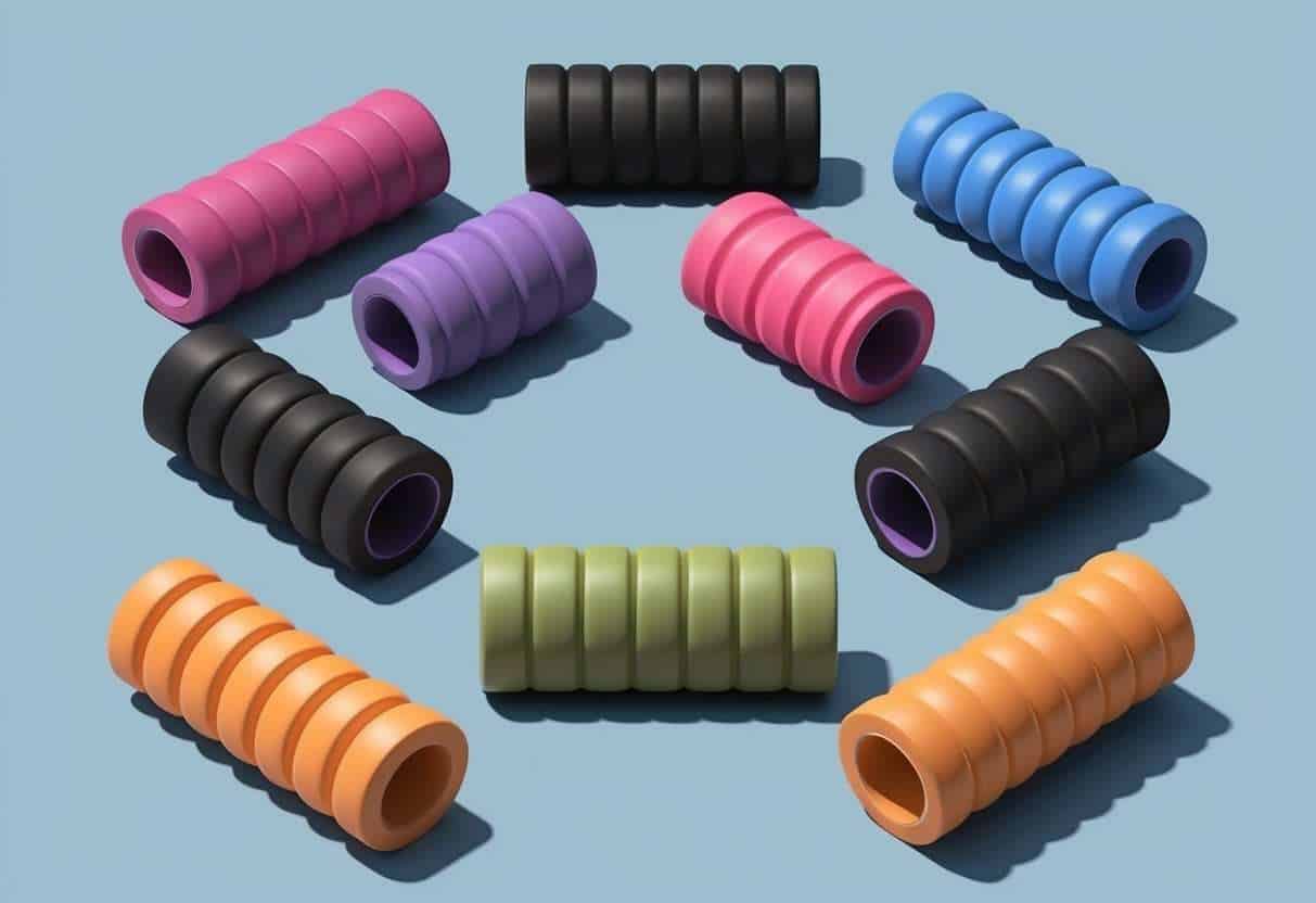 A group of foam rollers arranged in a circle, with each roller demonstrating a different exercise for the IT band