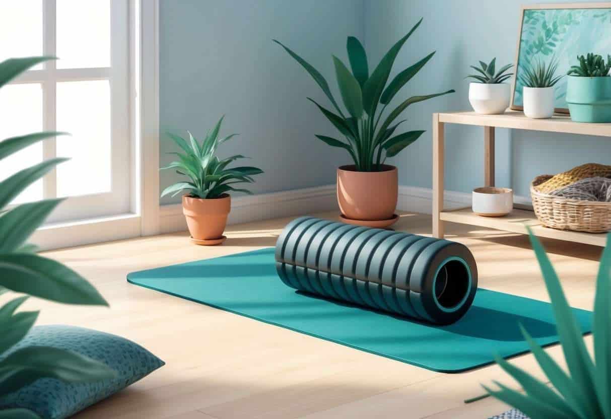 A serene, well-lit room with a foam roller and a yoga mat on the floor, surrounded by plants and calming decor