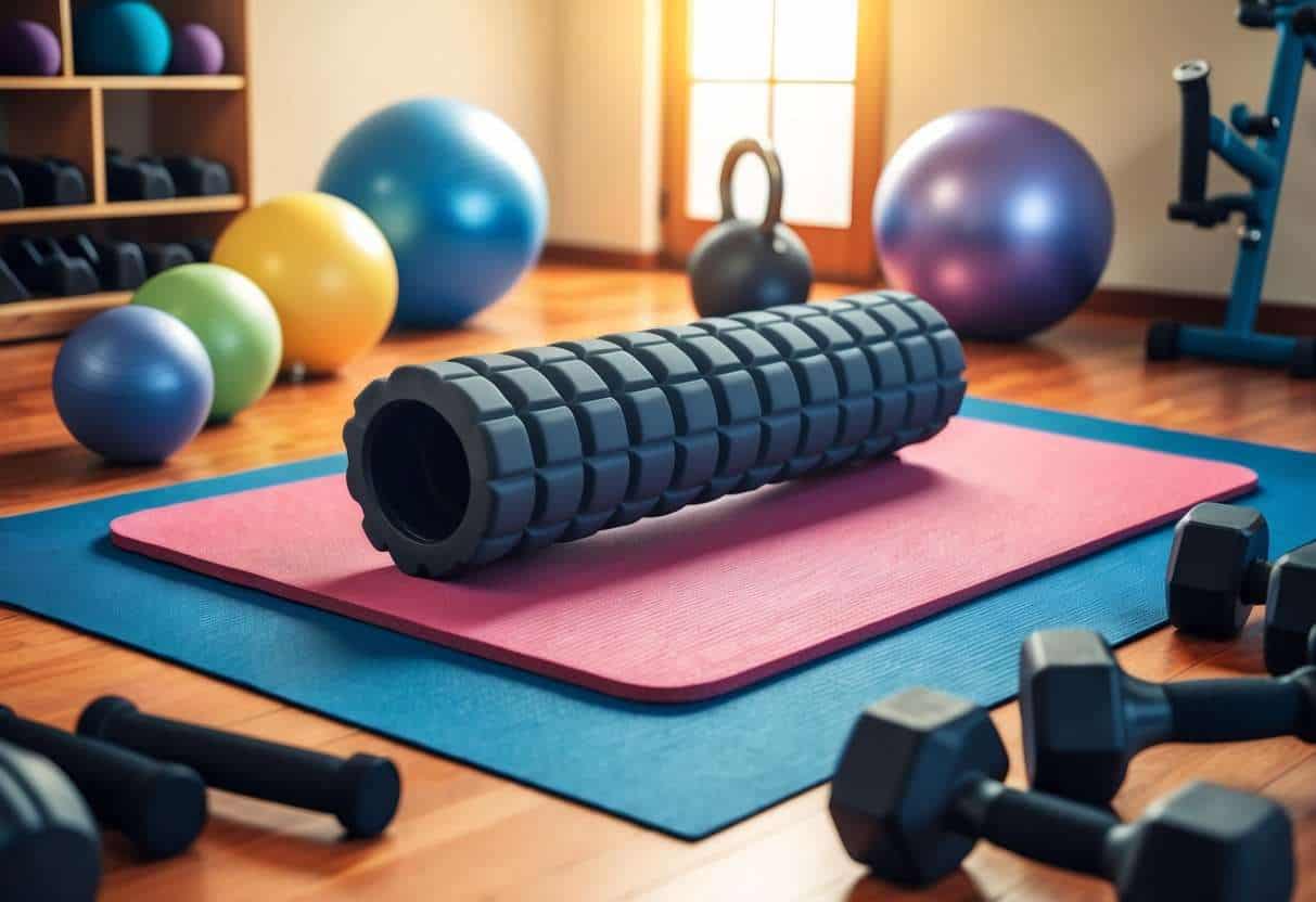 A foam roller placed on a yoga mat surrounded by various exercise equipment in a well-lit room