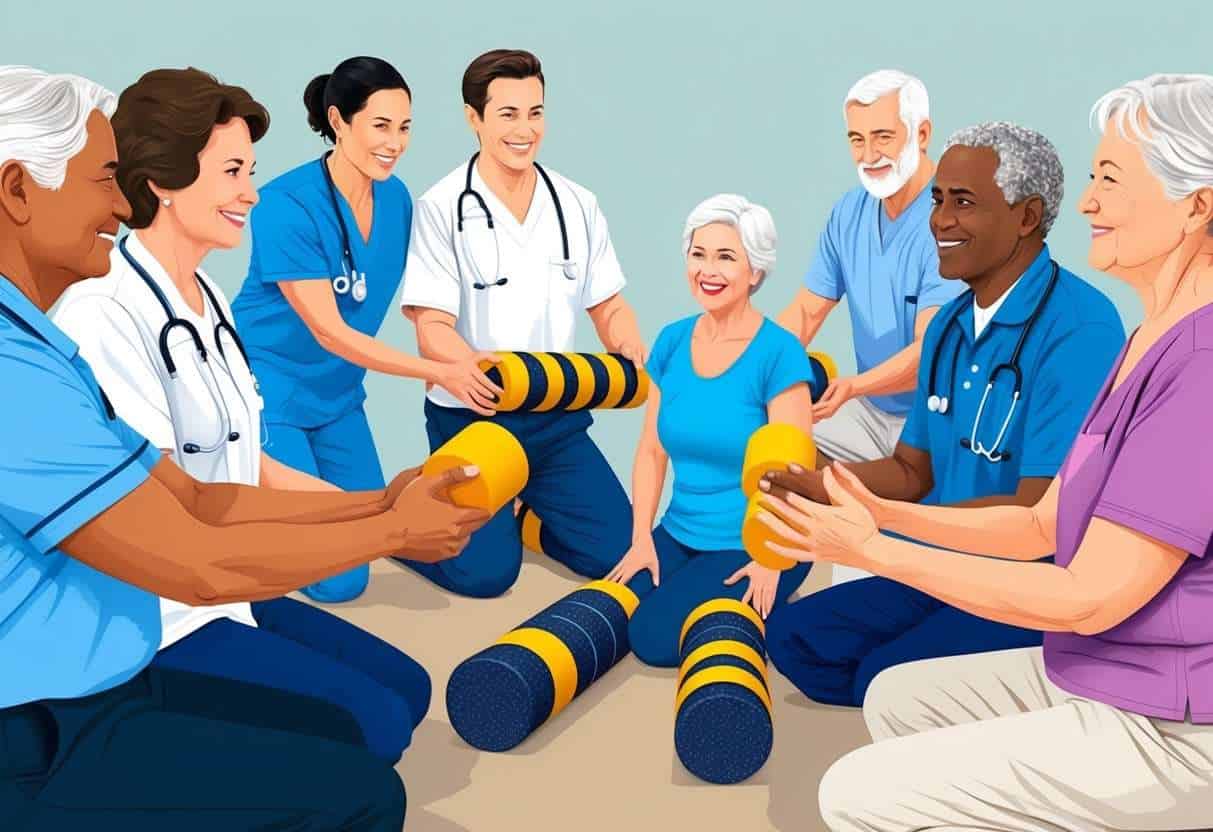 A group of healthcare professionals demonstrate foam roller exercises for IT band to a group of older adults