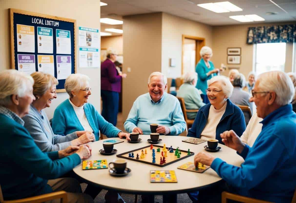 A group of seniors gathered in a cozy community center, chatting and laughing over coffee and board games. A bulletin board displays flyers for various local meetups and senior groups