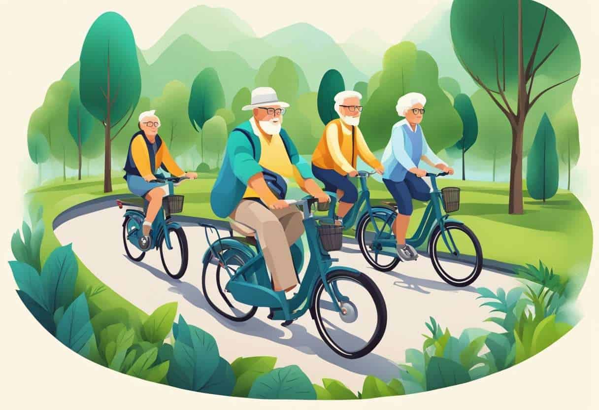 A group of seniors riding electric bikes through a scenic park with lush greenery and winding paths