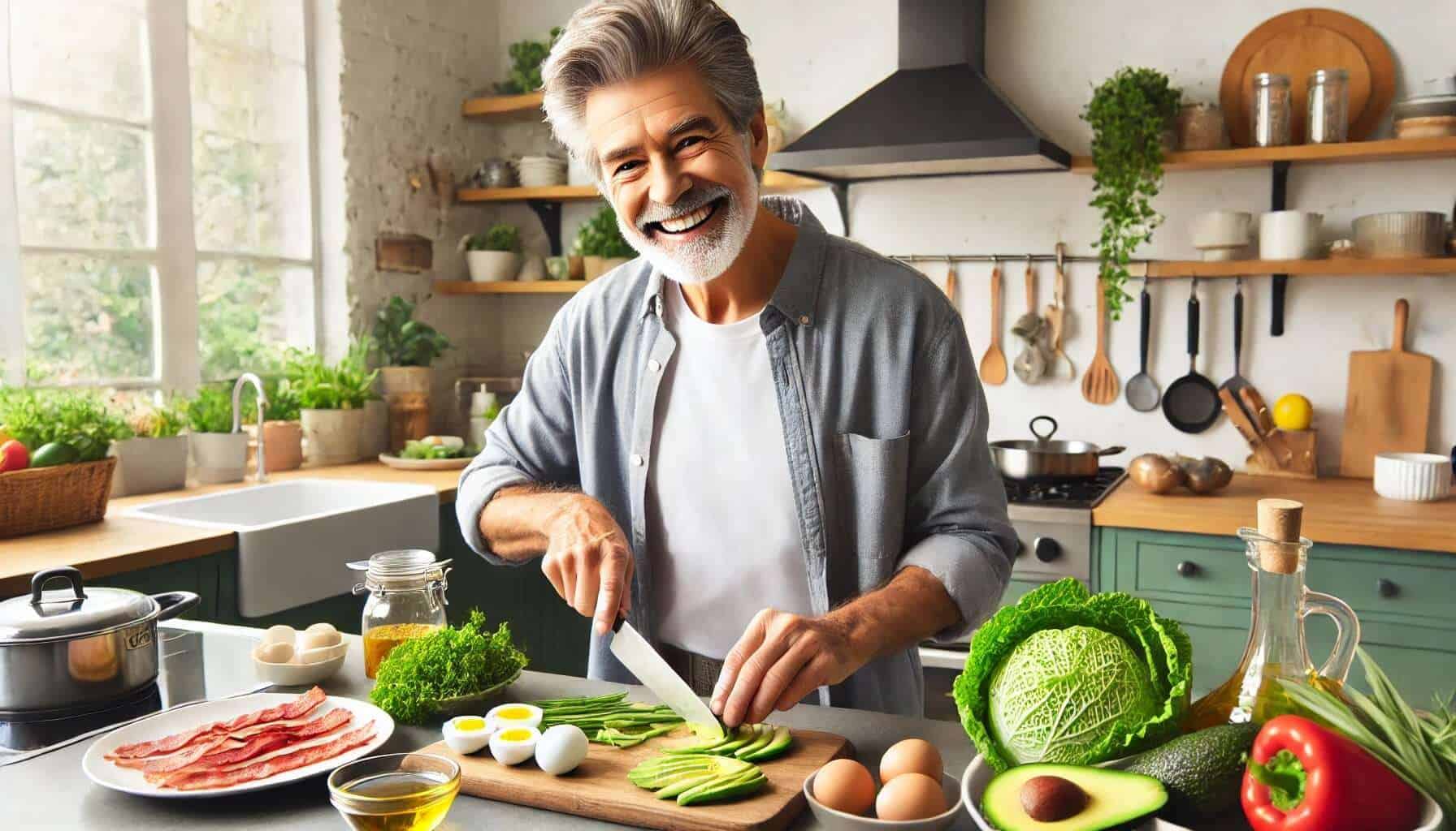 A boomer prepping food on the Keto Diet