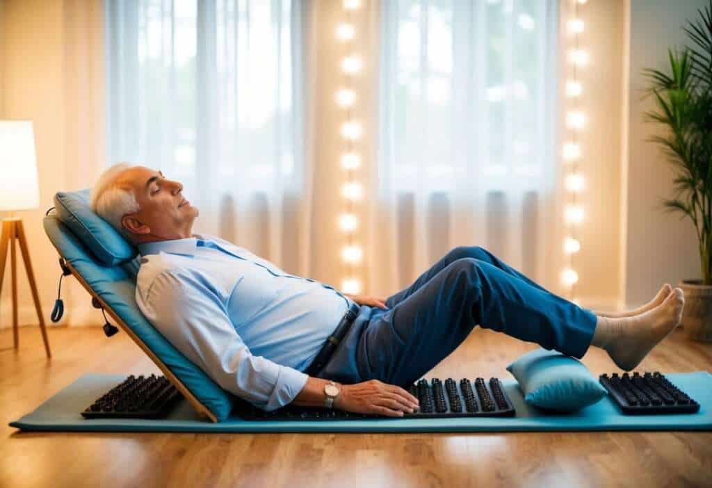 Senior using an Acupressure Mat
