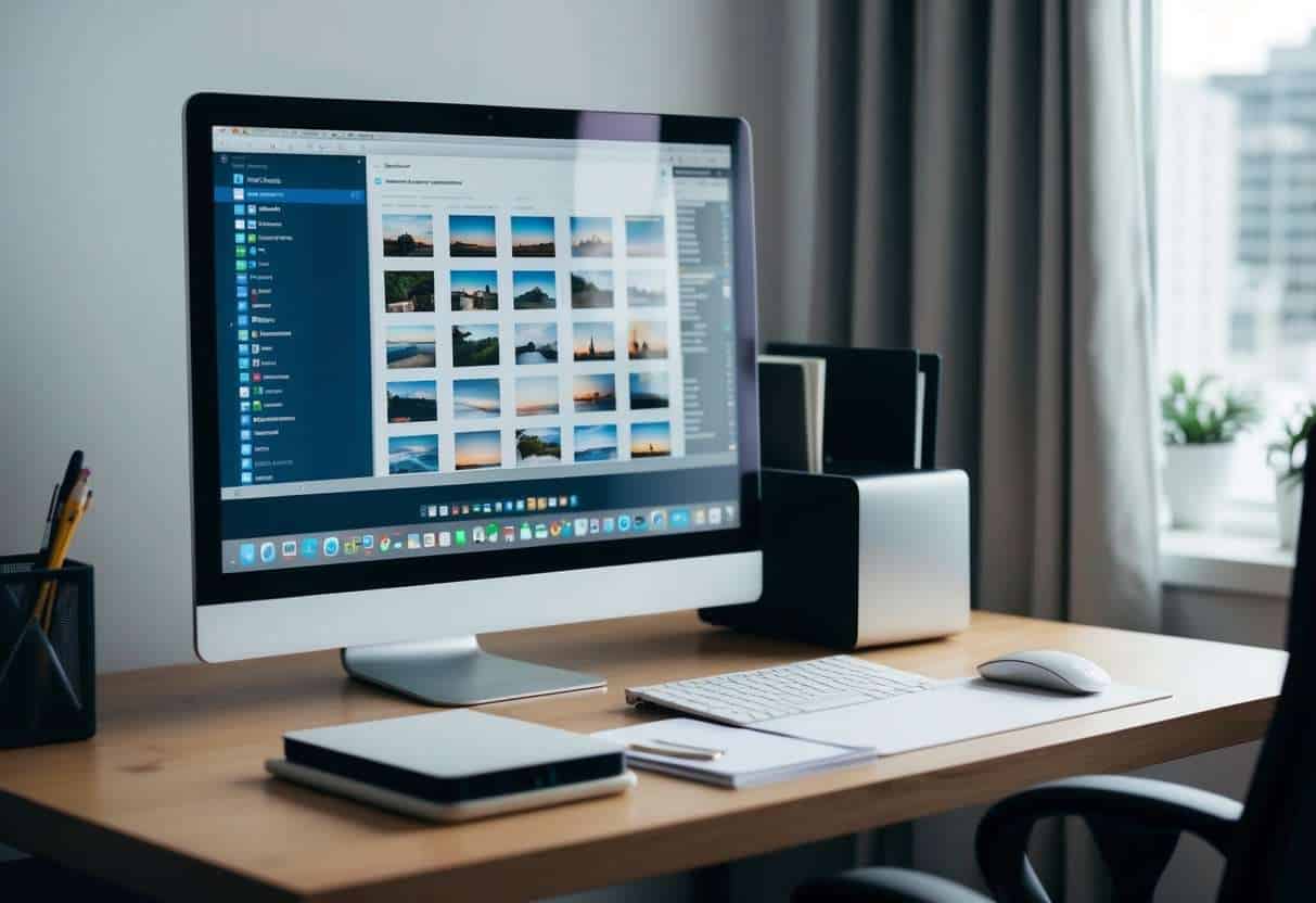 A desk with a computer, external hard drive, and neatly organized folders of digital photos and documents