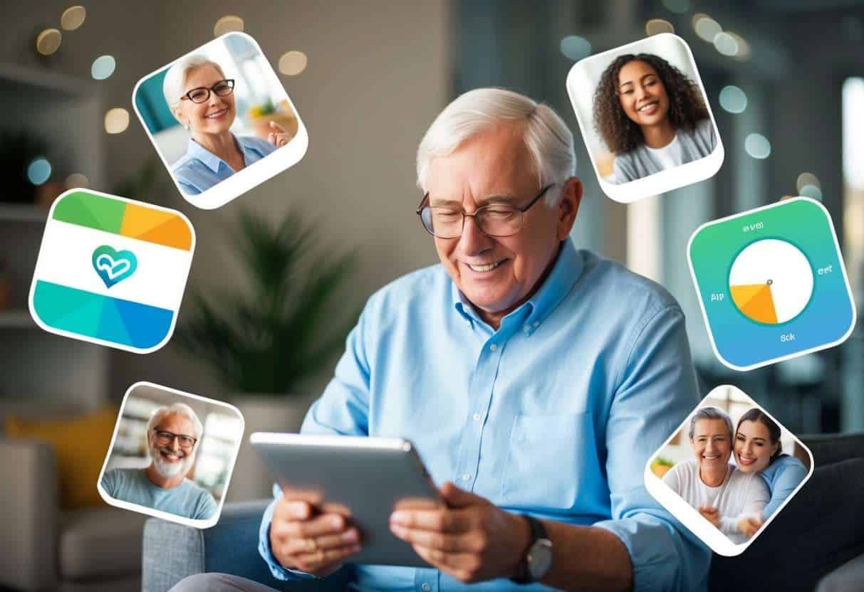 A senior using a tablet to track their health and wellness activities, surrounded by images of different apps for enjoyment