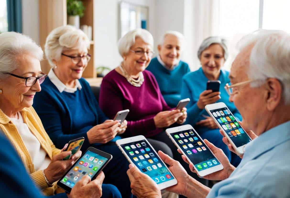 A group of elderly individuals using various apps on their smartphones and tablets, each person engaged in activities tailored to their individual interests and needs