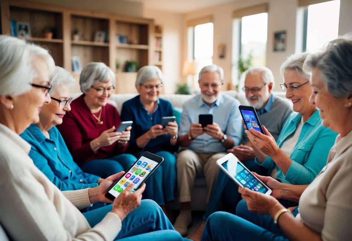 A group of elderly individuals using smartphones and tablets to explore various entertainment apps, such as games, music, and reading, in a cozy living room setting