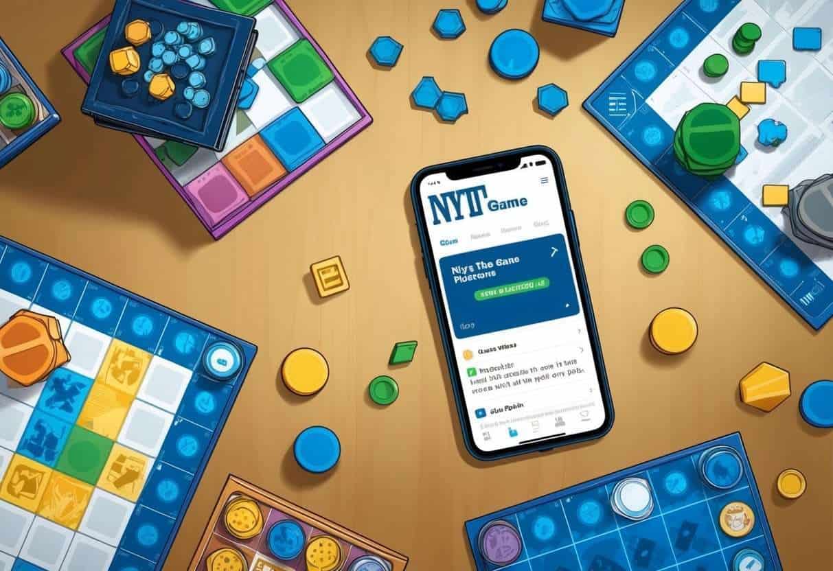 A table with a variety of game pieces and boards scattered around, with a smartphone displaying the NYT Game App open to the review section