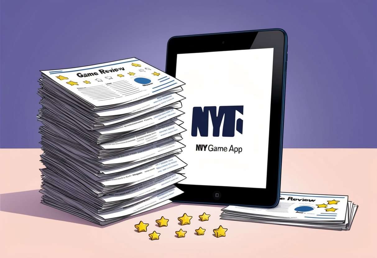 A stack of game review pages with star ratings and brief summaries, surrounded by a tablet displaying the NYT Game App logo