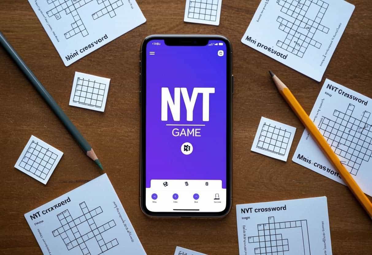 A table with a smartphone displaying the NYT Game App, surrounded by mini crossword puzzles and a pencil