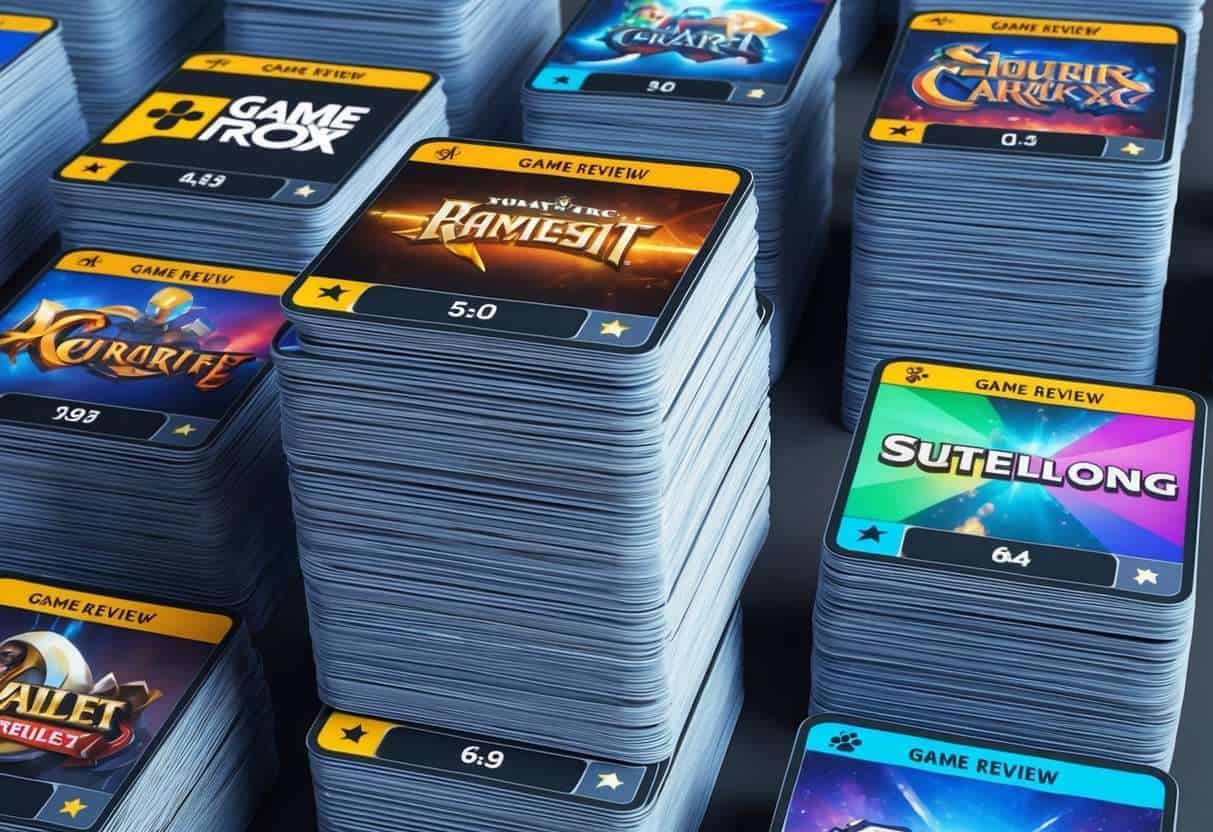 A stack of game review cards arranged in a grid, each displaying a different game title and rating