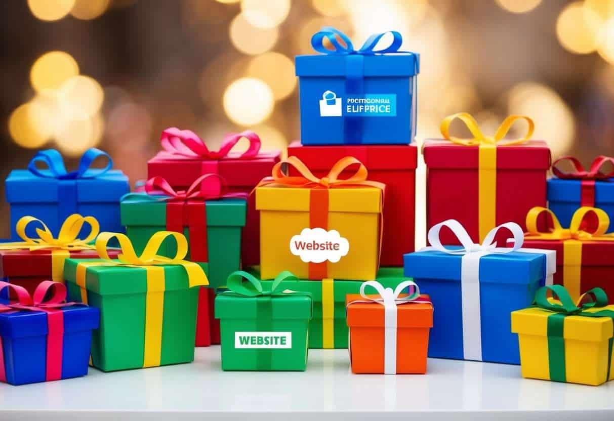 A colorful array of gift boxes and packages arranged on a table, each representing a different website, with bright logos and patterns