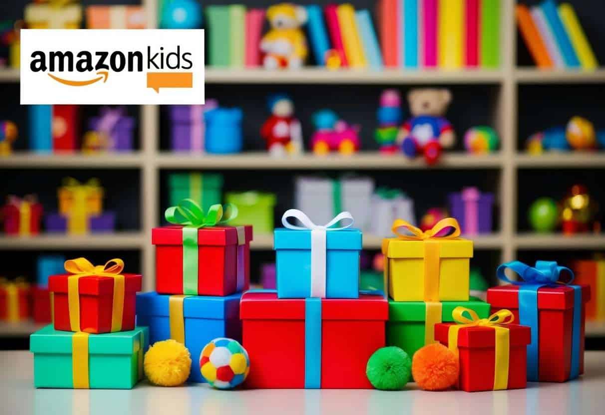 A colorful array of gift boxes and toys arranged on a virtual shopping website, with the Amazon Kids logo displayed prominently at the top