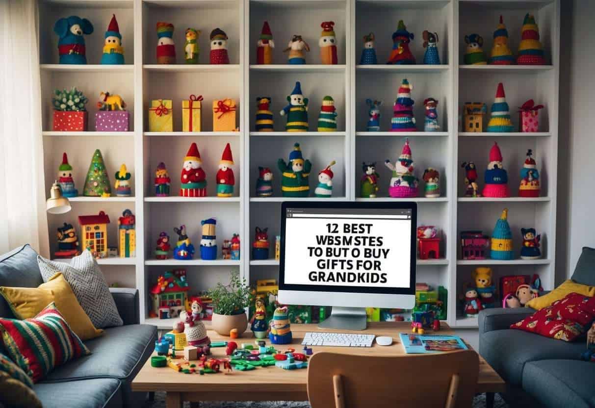 A cozy living room filled with colorful handmade toys displayed on shelves, with a computer open to a webpage of the 12 best websites to buy gifts for grandkids