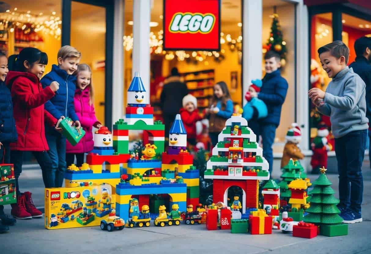A festive storefront with colorful LEGO sets and toys displayed, surrounded by excited children and families browsing and selecting gifts