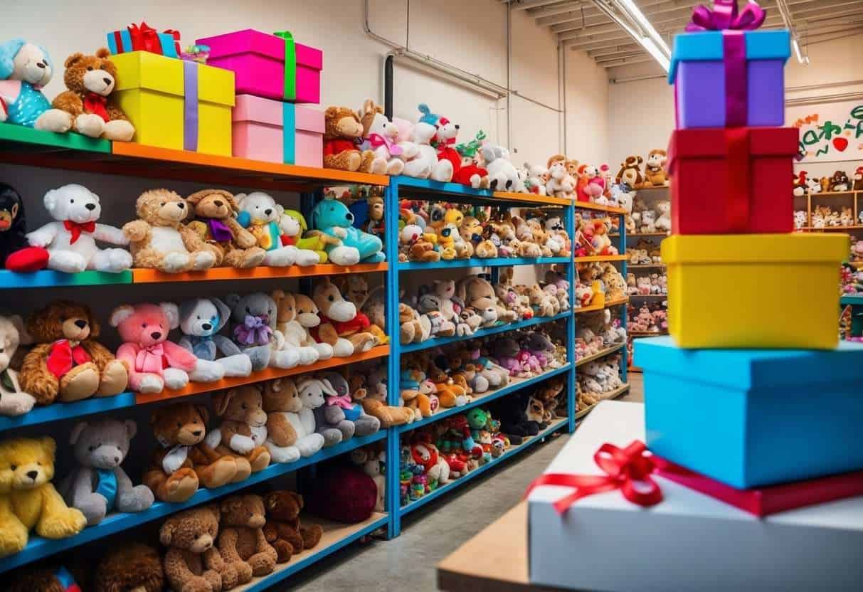 A colorful workshop with shelves of stuffed animals and a display of gift ideas for grandkids