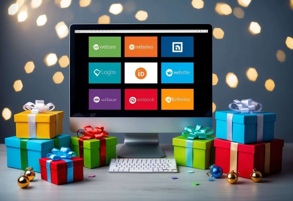 A computer screen with 12 website logos displayed, surrounded by colorful gift boxes and ribbons