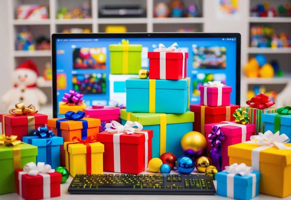 A colorful array of gift boxes and wrapping paper, surrounded by a variety of toys and games, displayed on a computer screen