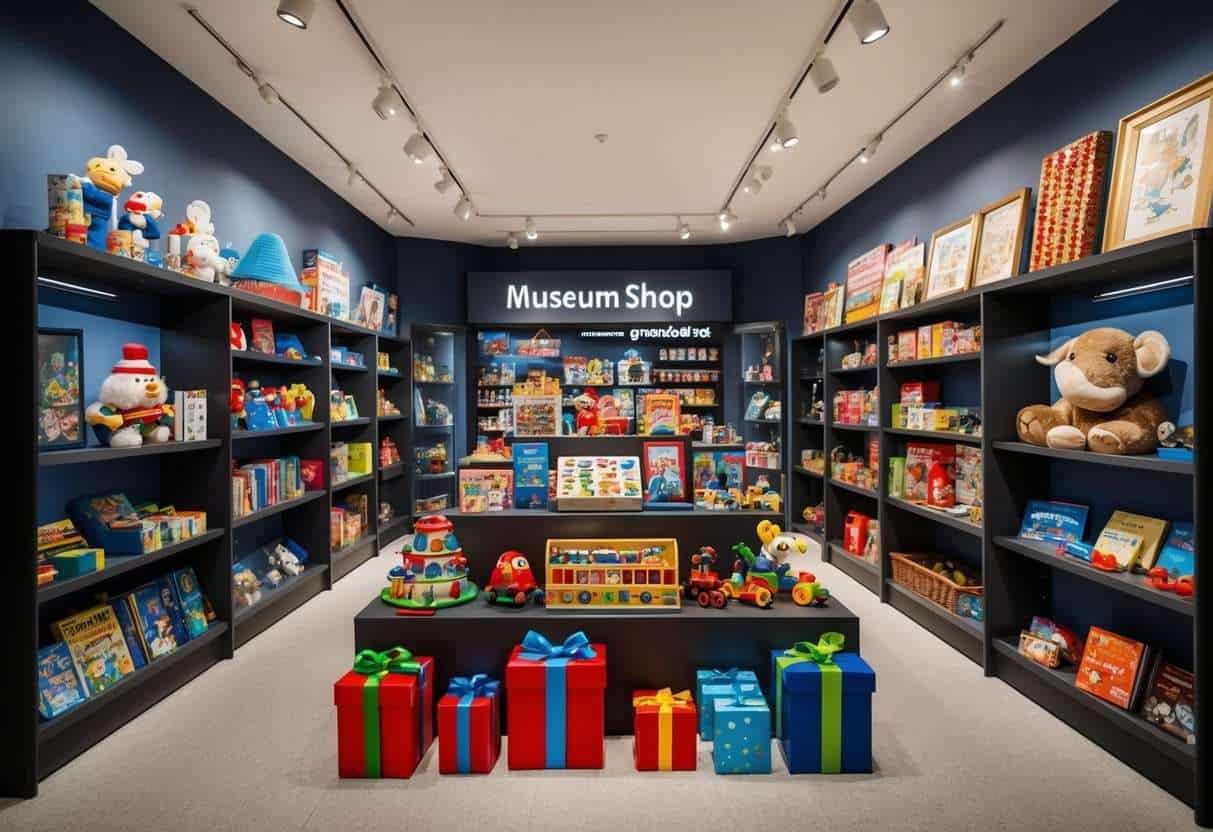 The museum shop displays a variety of gifts for grandkids, from educational toys to books and souvenirs