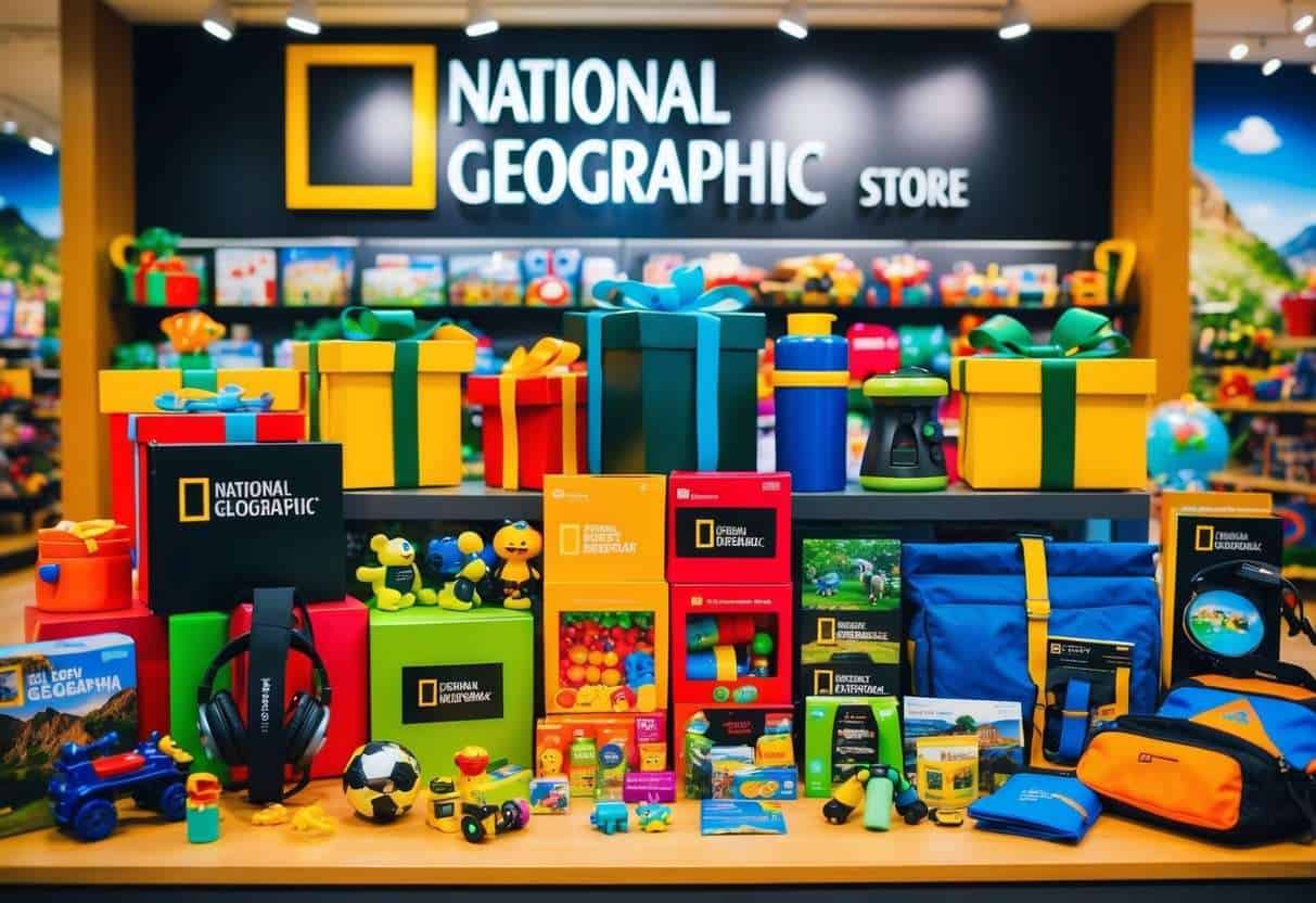 A colorful array of gifts, from educational toys to adventure gear, displayed in the National Geographic store