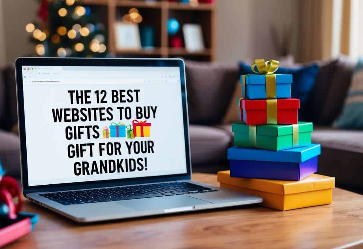 A cozy living room with a laptop open to a webpage listing "The 12 Best websites to Buy Gifts for your Grandkids." A stack of colorful gift boxes sits nearby