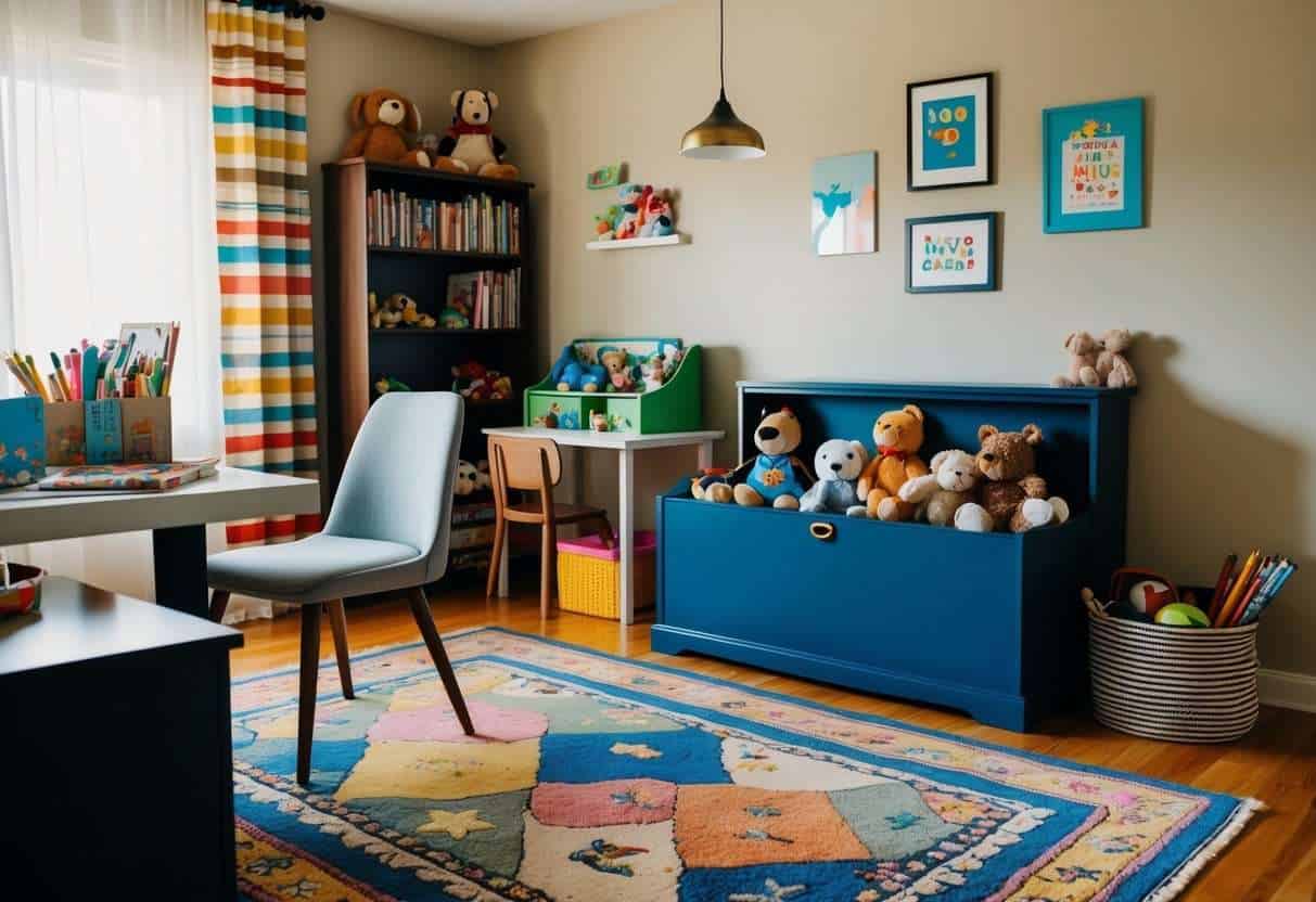 A cozy bedroom with a colorful rug, bookshelf, and a toy chest filled with stuffed animals and games. A small desk with art supplies and a comfortable chair completes the scene