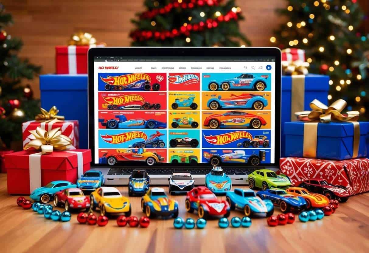A colorful array of Hot Wheels toys displayed on a website, surrounded by gift-wrapped packages and festive decorations