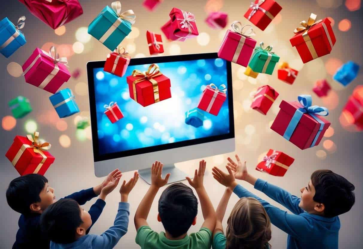 Colorful packages flying out of computer screens, landing in the hands of happy grandchildren