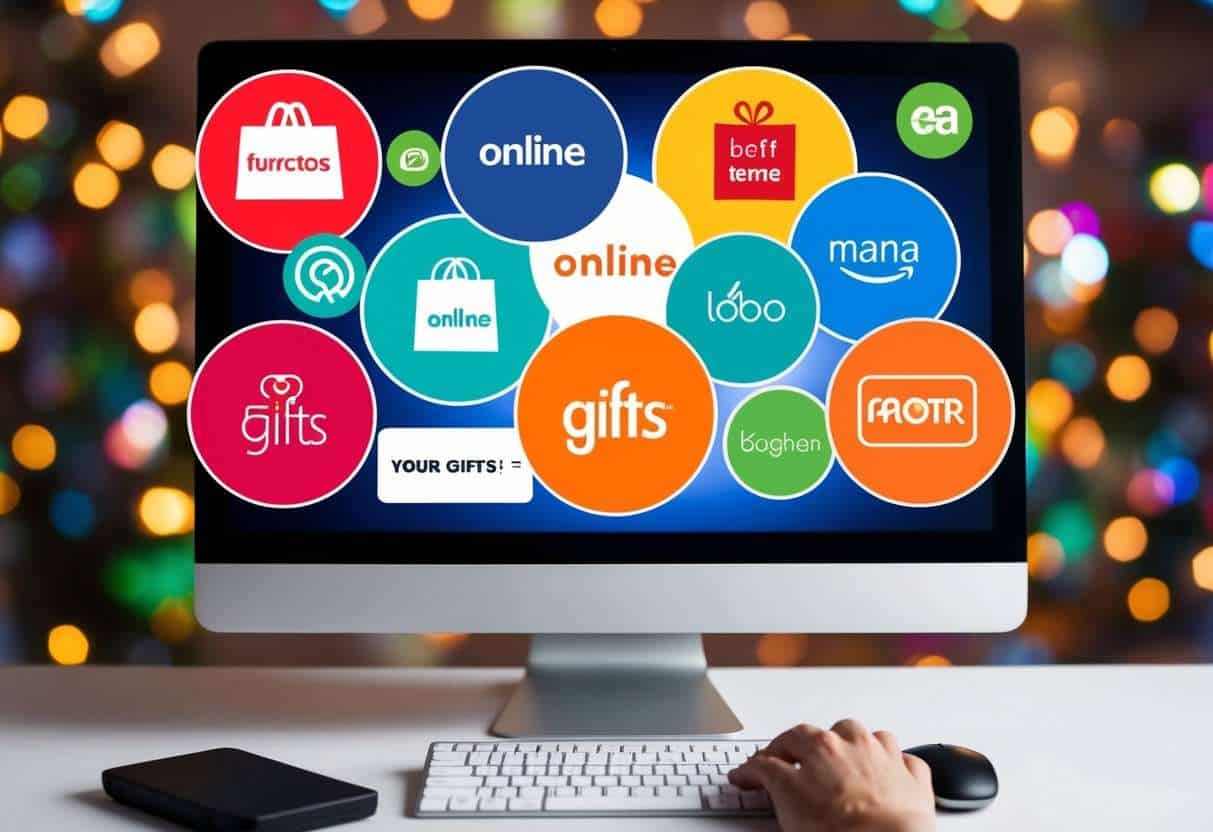 Colorful website logos surround a computer screen, each representing a different online retailer. A hand hovers over a mouse, ready to click and start shopping for gifts